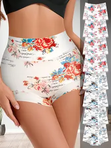 QUASTI 8 Pack Women Cotton Boyshorts Underwear with  Floral,High-Waist Seamless Boxer Briefs,Soft Breathable Stretch Full Coverage Stretch Boxer Shorts of Womenswear Perfect for Daily wear