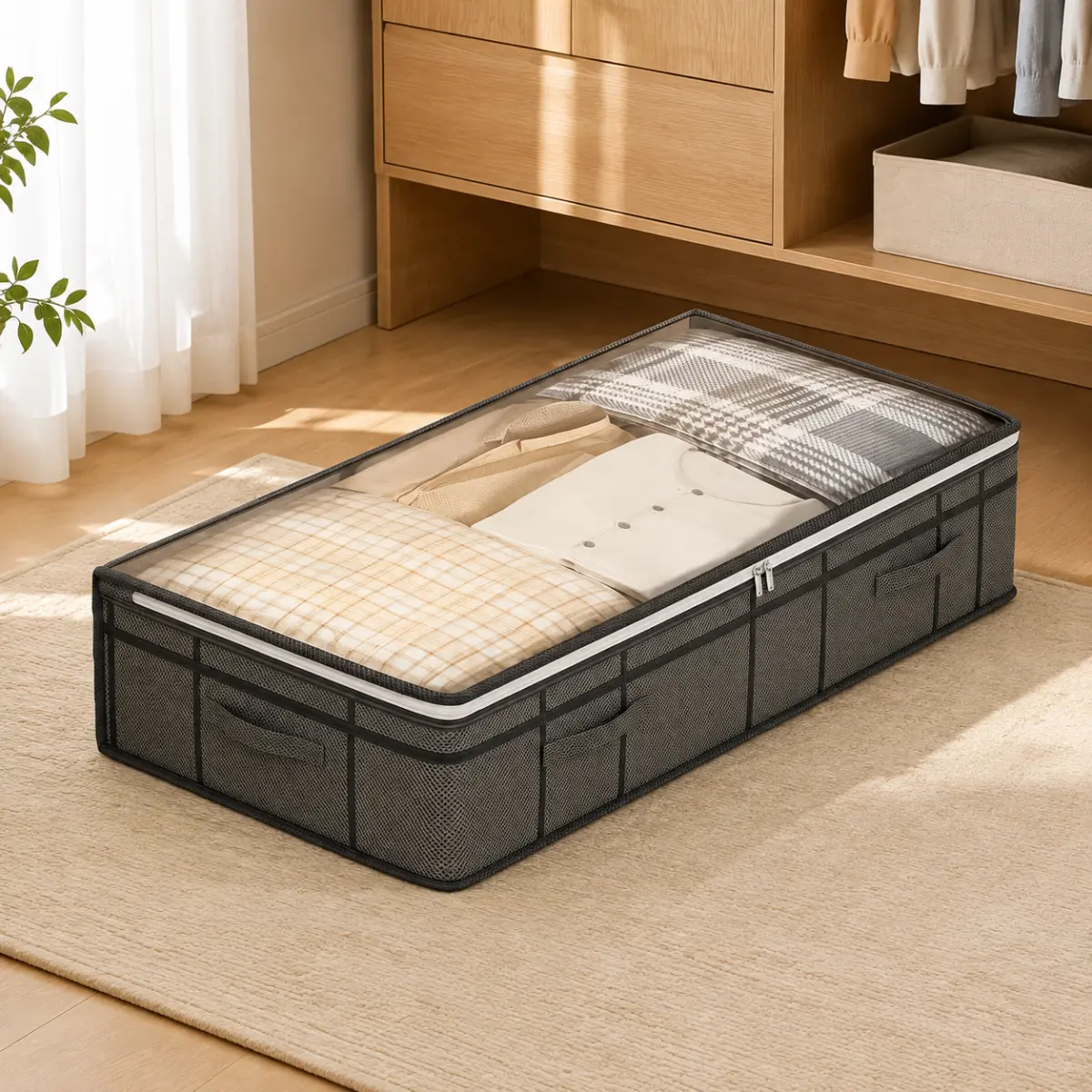 Under Bed Fabric Storage Bin with Clear Window & Reinforced Handles, 90L/125L Large Capacity Foldable Clothes Storage Box, Dustproof Zipper Organizer for Duvets, Blankets, Clothing, Toys, Space Saving Bedroom Underbed Storage Container