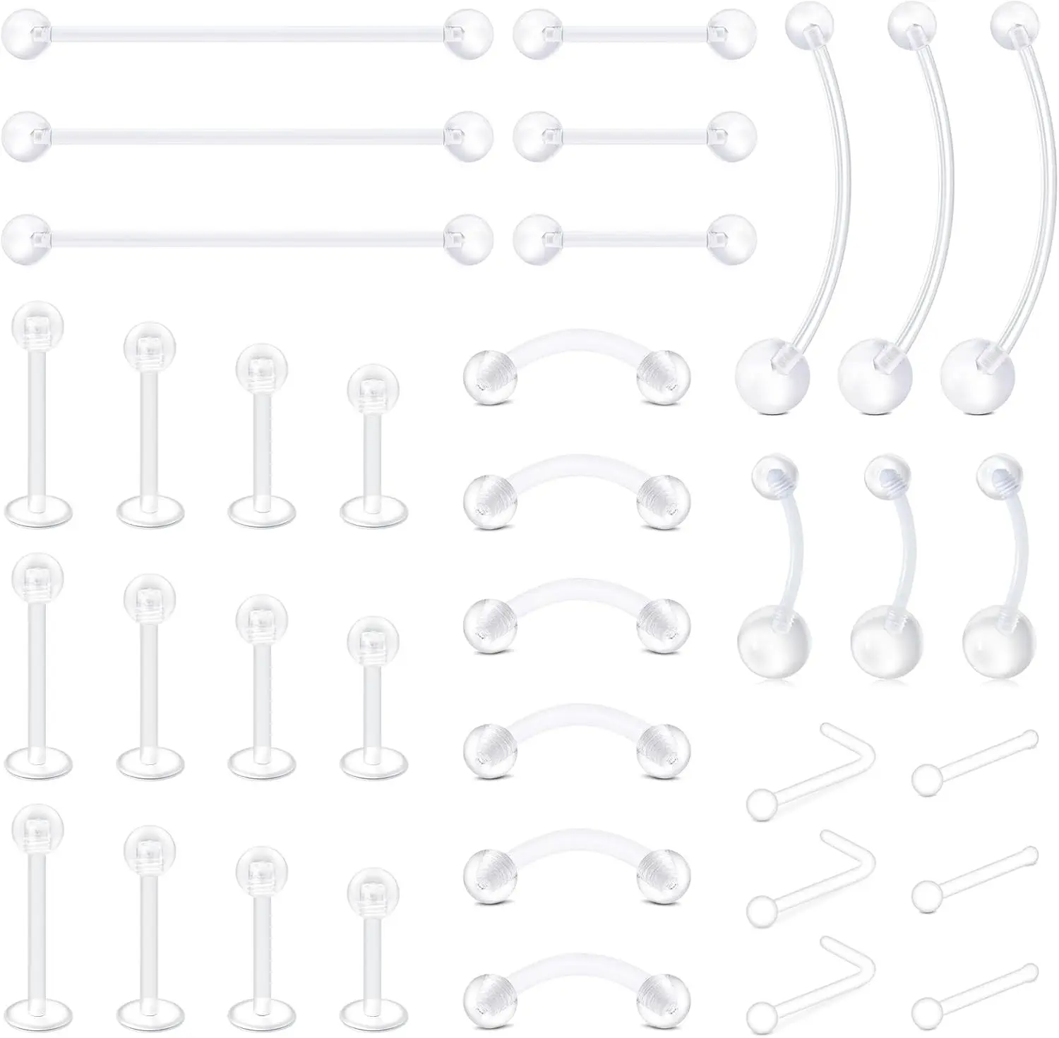 Clear Flexible Bioflex Plastic Piercing Retainer Kit for Lip Nose Eyebrow Nipple Tongue Belly Button Rings Industrial Barbell Body Jewelry(Gift)