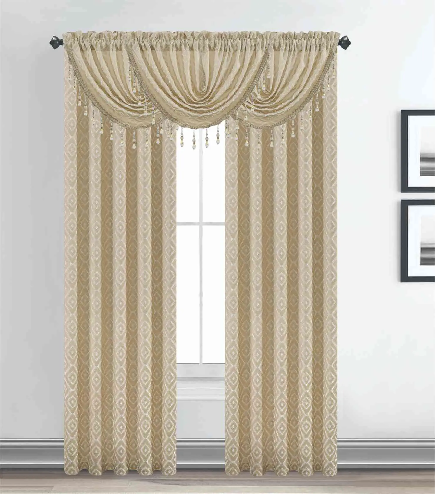 Maxine Jacquard Curtain Panel & Waterfall Valance Set - 5 Pieces (2 Panels + 3 Valance) Interior Decoration Accessories