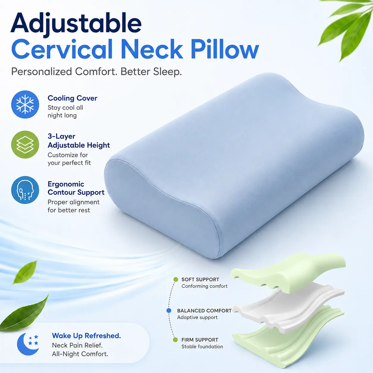 BePatio Adjustable Height Cervical Neck Pillow with Cooling Cover, Ergonomic Contour Memory Foam Pillow for Cozy Sleeping, Neck Pain Relief , Side, Back,and Stomach Sleepers,Queen Size