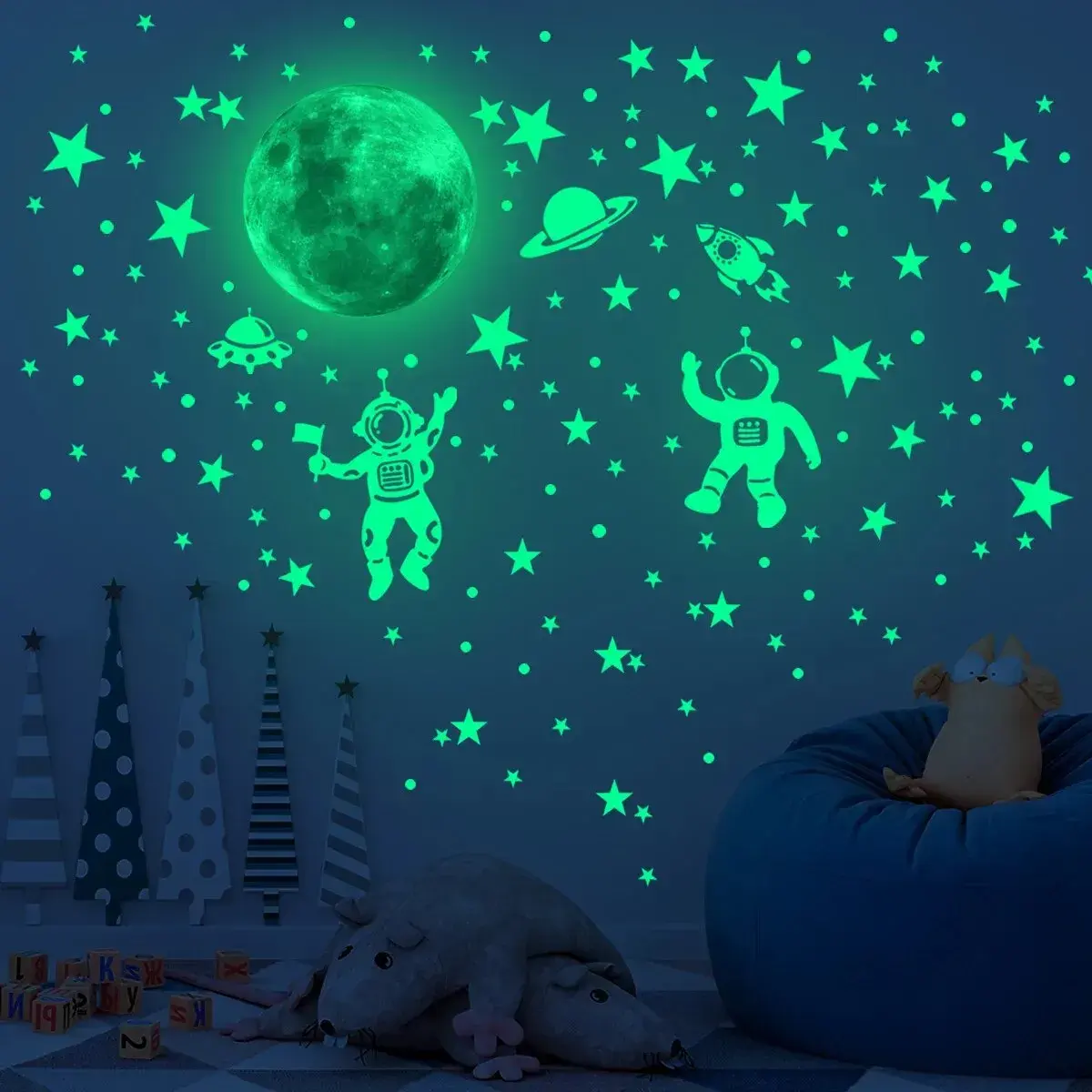 Glow-in-the-Dark Durable Vinyl Space Theme Wall Stickers - Moon & Stars, Earth Designs, Peel-N-Stick, Easy-to-Apply Decorative Wall Stickers & Murals for Kids’ Bedrooms, Home Decor