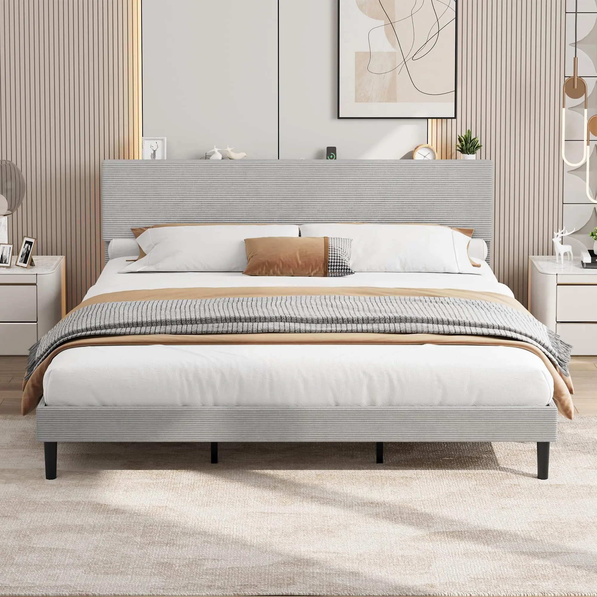 Garvee King Size Corduroy Upholstered Platform Bed Frame with USB Charging Station, Adjustable Storage Headboard, 1000 lbs Wooden Slats Support, 75.9x52x43.3 in, 82.89 lbs, No Box Spring Needed, Easy Assembly, Gray, 1000 Pounds