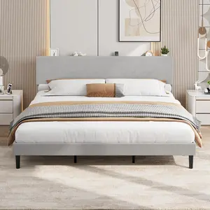 Garvee King Size Bed Frame with USB Charging Station, Corduroy Upholstered Platform Bed Frame with Adjustable Storage Headboard, Wooden Slats Support, No Box Spring Needed, Easy Assembly, Gray