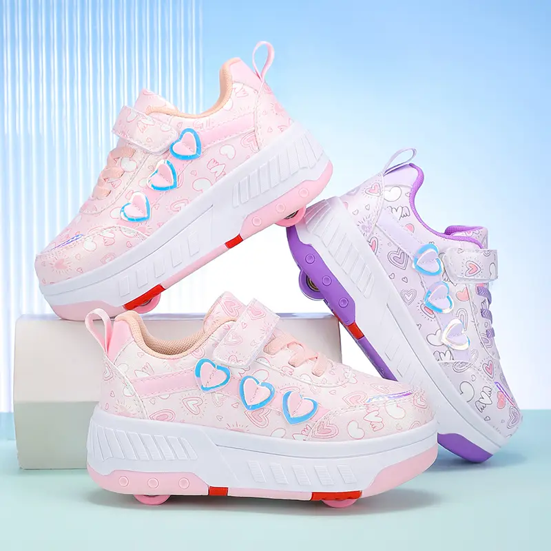 Beginner Girls' Roller Skates - Lightweight, Breathable Love Print Shoes with Portable Folding Scooter Functionality for Roller Skating, Folding Lightweight Scooter Functionality
