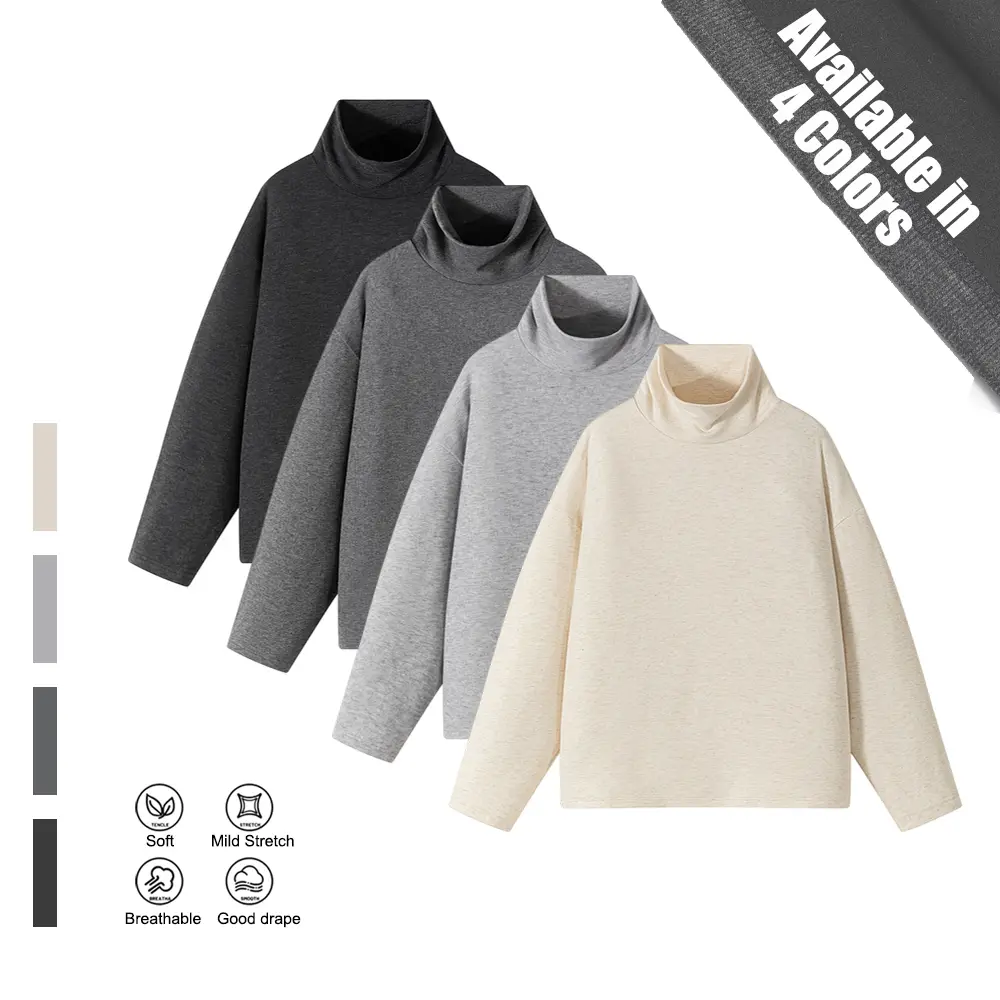Men's Basic Casual Streetwear Style Long-Sleeve Mock Neck T-Shirt - Unisex Solid-Color Top with Stacked Detailing, Minimalist Relaxed Drop-Shoulder Silhouette, Soft Breathable Fluid Drape Blended Fabric, Slight Stretch for Comfort