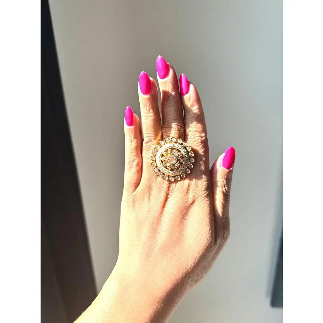 22k Gold Plated Adjustable Ring, Meenakari Work & Moissanite Stone