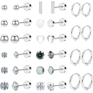 Hypoallergenic Titanium Earrings for Sensitive Ears 14K Gold Plated Opal Ball CZ Heart Flat Back Earrings for Women Men Small Surgical Steel Flatback Stud Hoop Cartilage Earring Set for Multiple Piercing