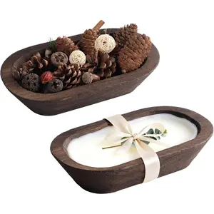 2 Pack Dough Rustic Wooden Bowls for Candle 8.5 Inch Rustic Vintage Bowl Bulk Hand Carved Paulownia Decorative Bowls or Table Decor Candle Wedding Crafts Home Diy Making Potpourri Catch