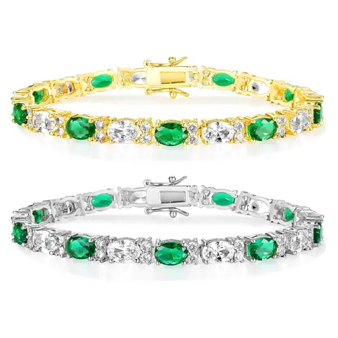GEMSME Unisex 6.5-8.5in Golden Chain Bracelet ATS63749 - 3*5mm Oval Green & White Cubic Zirconia, Exquisite, Stackable, Neutral Luxe, Brilliance Shine Bangles, Easy to Style Durable Daily Wear Costume Jewelry (Birthday Gift Option), Exquisite Bracelet