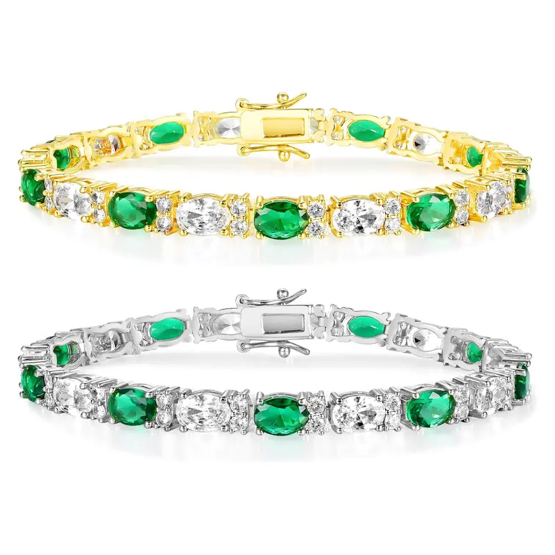GEMSME Unisex 6.5-8.5in Golden Chain Bracelet ATS63749 - 3*5mm Oval Green & White Cubic Zirconia, Exquisite, Stackable, Neutral Luxe, Brilliance Shine Bangles, Easy to Style Durable Daily Wear Costume Jewelry (Birthday Gift Option), Exquisite Bracelet