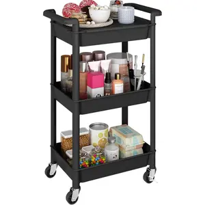3-Tier Utility Rolling Cart with Cover Top Board, Mobile Utility Cart with Lockable Casters Multi-Functional Storage Trolley for Office, Bathroom, Kitchen, Garden, Laundry Room (Black)