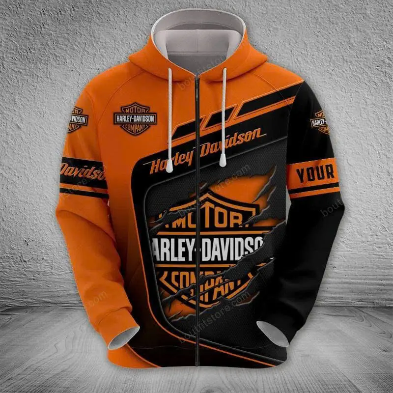 Harley-Davidson Racing Hoodie, Men's Orange & Black Motorcycle Graphic Zip-Up Hoodie, Biker Streetwear Sweatshirt, Casual Pullover Jacket for Men & Women