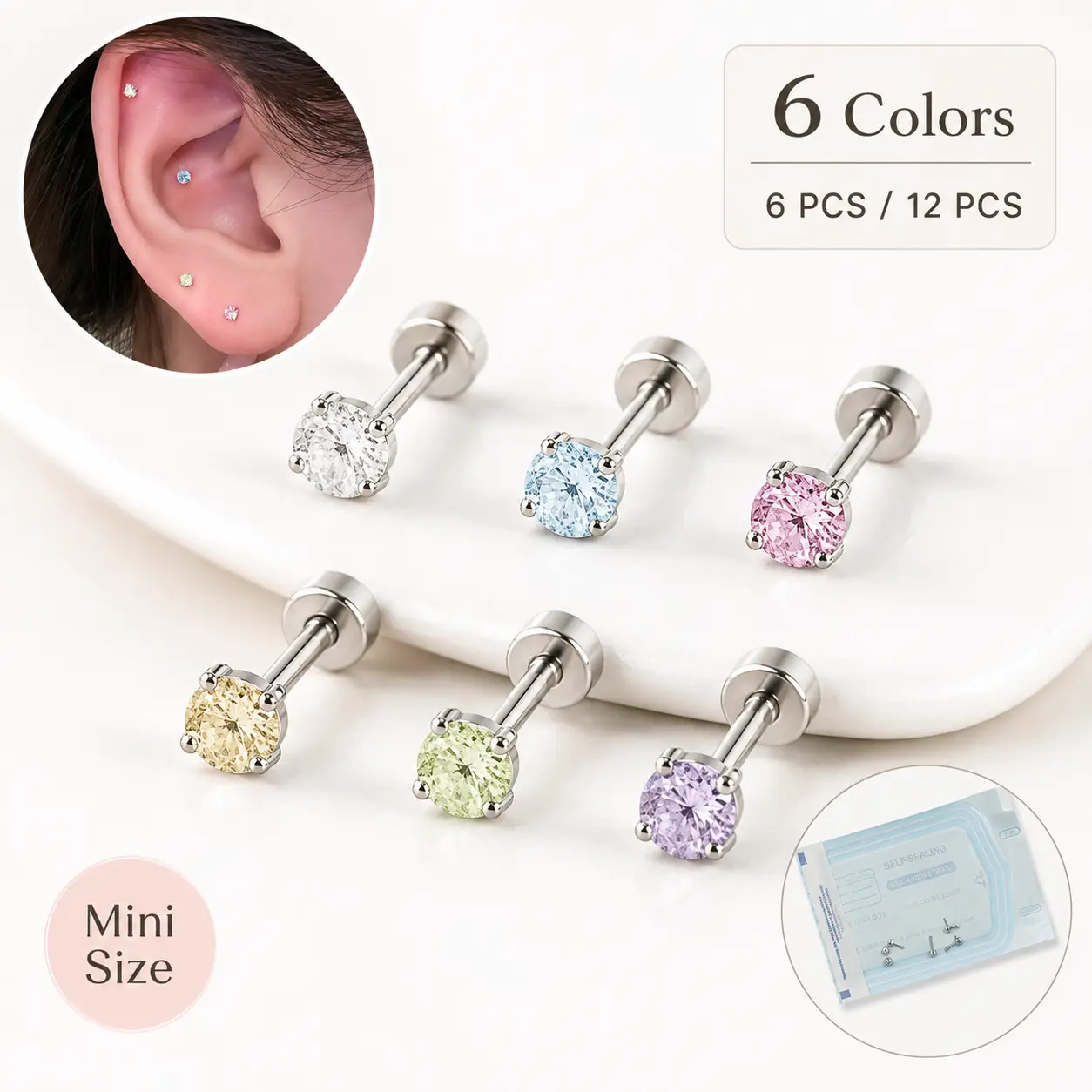 YLNWH 6/12PCS Titanium Steel CZ Stud Earrings Set,  Mini Flat Back Earrings for Women Men, Sparkly Cubic Zirconia Cartilage Helix Tragus Piercing Jewelry, Small Everyday Studs