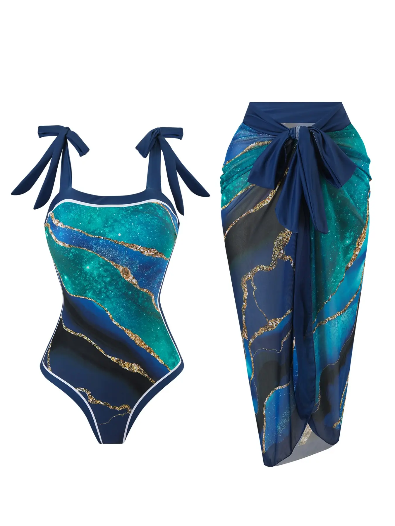 Summer Marble Colorblock Print One-Piece Swimsuit and Semi-Transparent Mesh Skirt Set, Women's Casual Fitted Swimwear, Swim Suit With Skirt