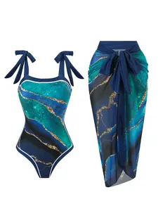 Summer Marble Colorblock Print One-Piece Swimsuit and Semi-Transparent Mesh Skirt Set, Women's Casual Fitted Swimwear