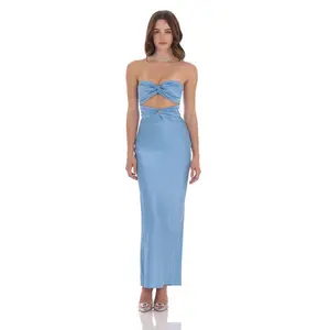 Satin Twist Cutout Maxi Dress in Light Blue