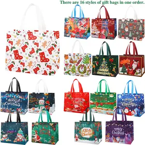16/32 PCS Reusable Christmas Gift Bags - Large 13"x10"x6" Waterproof Totes with Handles! Perfect for Xmas, Birthdays, Shopping, Storage. Heavy-Duty & Foldable. water-resistant fabric compact eco-friendly Set 16Pcs wrap Assorted Patterns