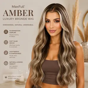 Amber - MaxFull Creamy Blonde Highlights Wig | 22" Dimensional Bronde, Pre-Cut 13×5 Skin-Melt HD Lace Front, Scandinavian Hairline & Built-In Faux Scalp, Soft Glam Waves, Tangle-Resistant, Lightweight, Beginner-Friendly Glueless Synthetic Everyday Wig
