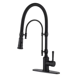 WOWOW Single Handle Deck Mount Gooseneck Pull Down Sprayer Kitchen Faucet in Matte Black