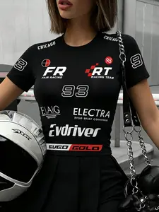 Women's American Street Style Punk, Racing Suit Print, Slim Fit, Soft Stretchy Fabric, Unrestrained Wear, Tiktok Trend