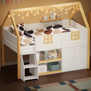 Full-size low loft bed with Step Staircase, Shelving, Cabinets and LED lights, White and Natural