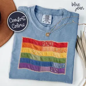 Comfort Colors Faux Patchwork Pride Flag Shirt, LGBTQ Month Gift For Gay Friend, Pride Parade T-Shirt, LGBT Rainbow Tee, Love Is Love Gift