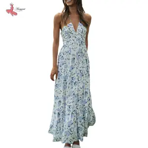 Women Long Dress, Elegant Sleeveless Tie-up Halterneck Floral Dress Summer Swing Dress