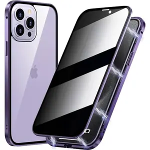 Magnetic Titanium for iPhone 15 Privacy Case, Anti peep Magnetic Adsorption Double Side Tempered Glass Full Body Case, Privacy Screen Protector Metal Frame Clear Back Phone Case Cover for Men Women