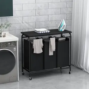 3 Bag Laundry Basket Sorter Heavy Duty Rolling Lockable Wheels Laundry Hamper Cart with Ironing Board and Removable Bags Organiser Smooth Household Cover