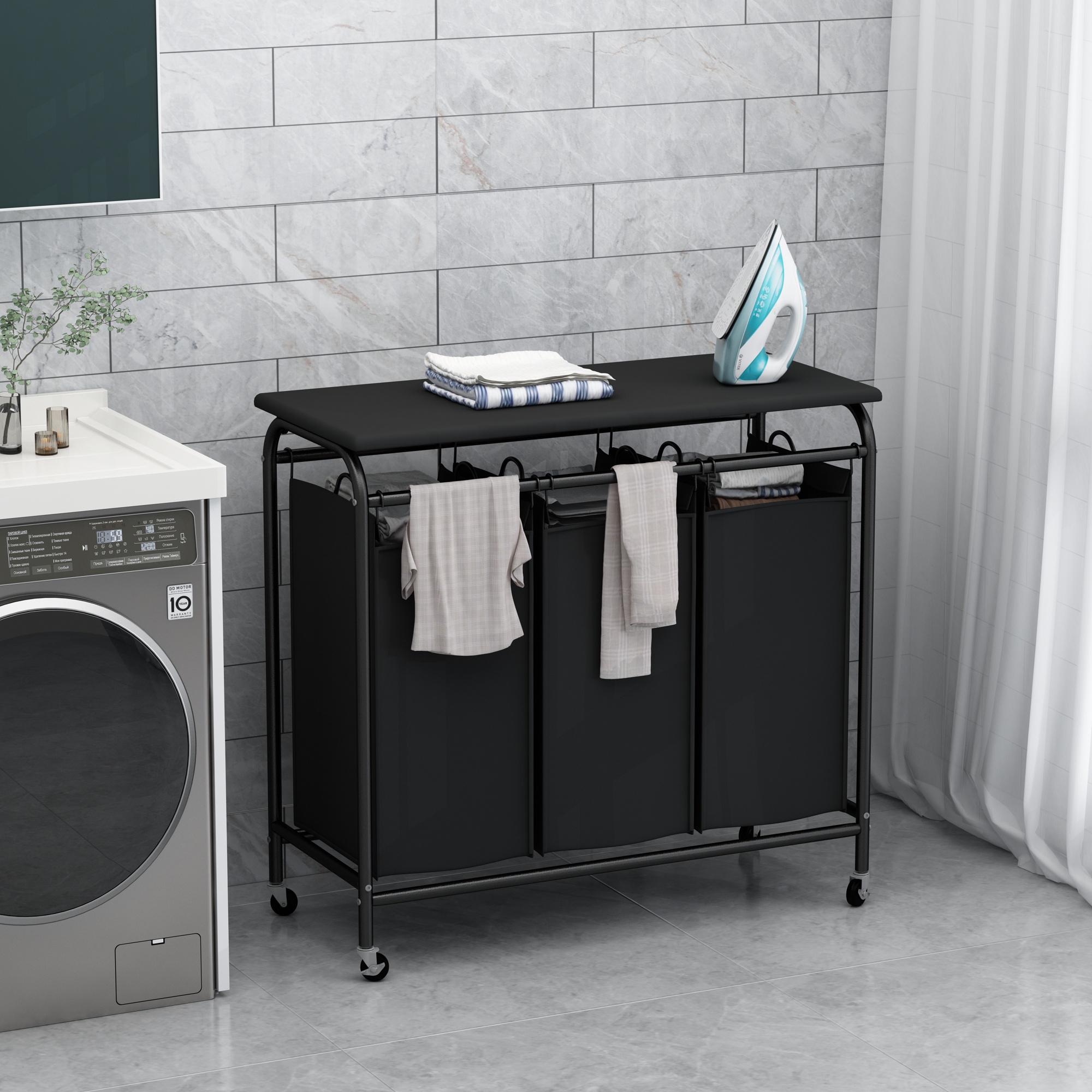 3 Bag Laundry Basket Sorter Heavy Duty Rolling Lockable Wheels Laundry Hamper Cart with Ironing Board and Removable Bags Organiser Smooth Household Cover