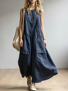 Womens Ladies Minimalist Sleeveless Pocket Dress Loose Flowy Everyday Casual Running Errands Mothers Day