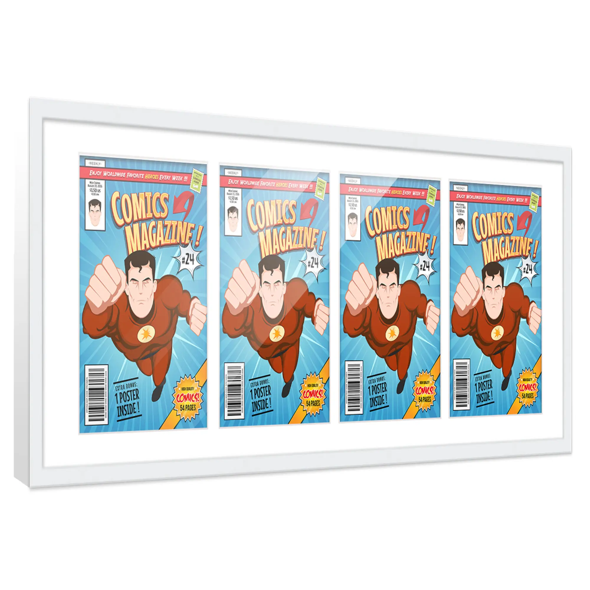 Comic Book Frame with Mat for 4 Current Era Comics Published After 1985 - White Wood Comic Frame With White Mat for 6.875x10.5 Comics - 37.5x14 Frame Size