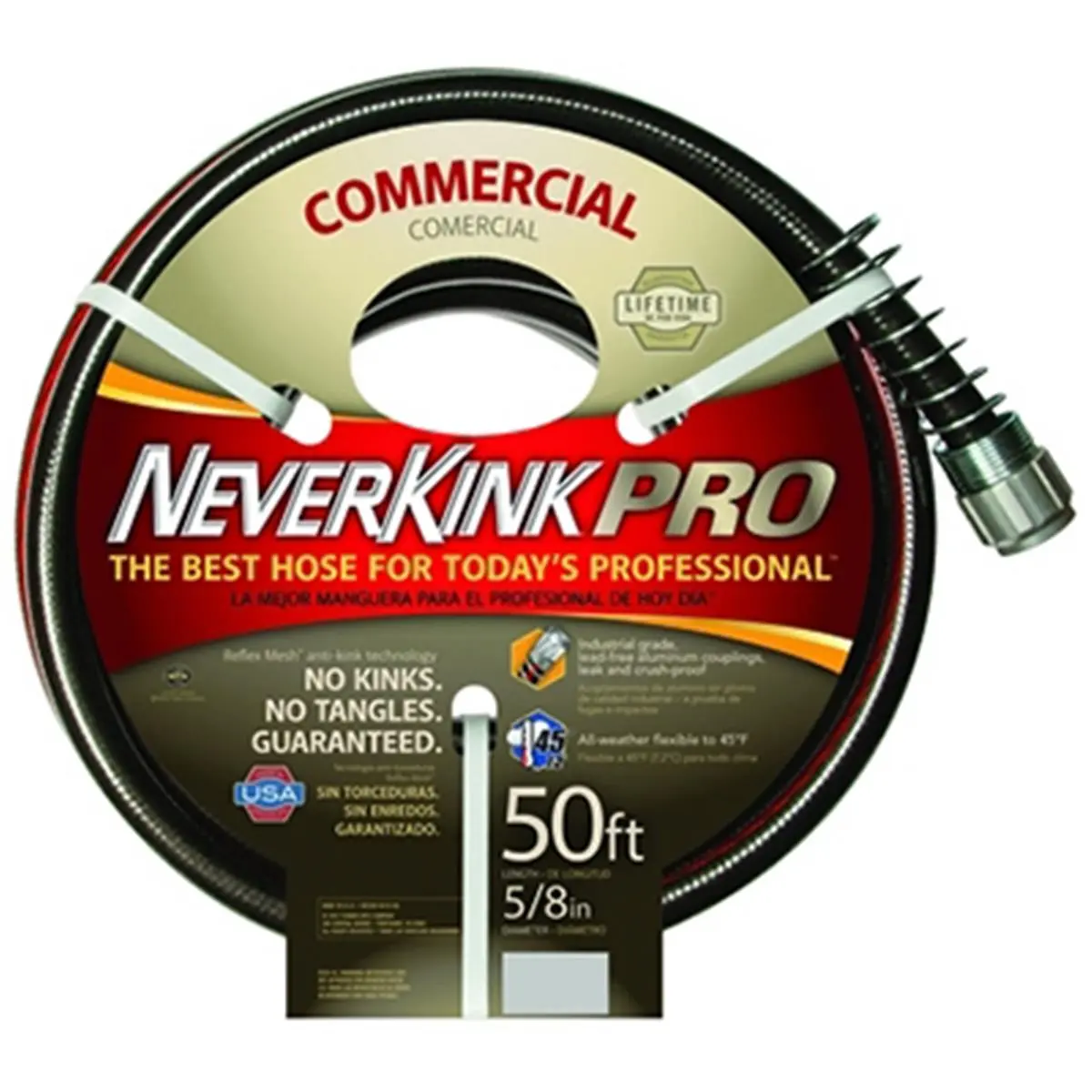 Apex 8844-50 Commercial Duty Garden Hose, 0.63 in (5/8 in) ID, 50 ft Neverkink Pro, 13.75 x 13.75 x 3.85 in, 8 lbs, Crush Proof Aluminum Couplings, Heavy Duty Power Coil, 50Ft Length, Self Straighten