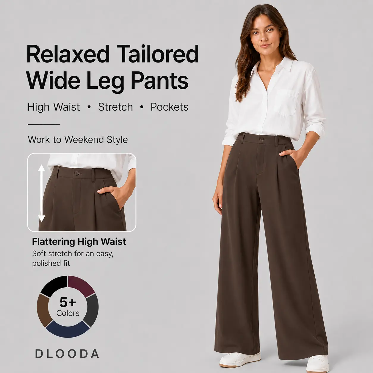 DLOODA Women’s High Waist Stretch Relaxed Tailored Wide Leg Pants with Pockets - Pants for Women, Work, Business Casual, Casual Fashion Trousers for Work & Weekend Wear, Work Pants
