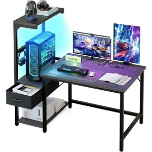 Gaming Desk  Inch with CPU Stand and LED Light,  Desk with Reversible Shelves and Storage Drawer, Pc Small Desk for  Office Table with Bag, Carbon Fiber Black