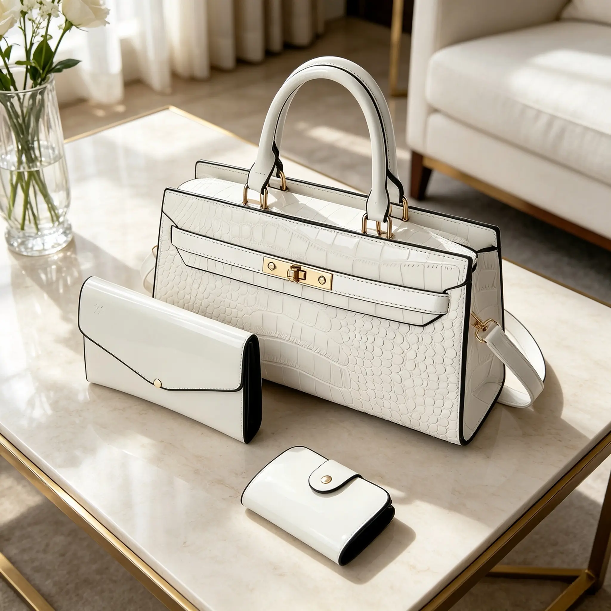 Luxury patent crocodile-embossed handbag set, women’s top-handle crossbody bag with clutch and card holder, elegant business commuter purse set