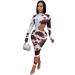 Full Sleeve Skinny O-Neck Dress in Polyester with Unique Cow Print Design for Women's Fashion Casual Womenswear
