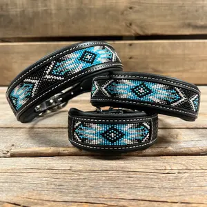 Tooled Light Blue Genuine Leather Beaded Dog Collar #DC441