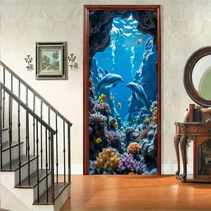 1PC,2D Flat Door Banner Underwater World Dolphin Coral Door Banner, Festival Door Decoration Cloth, Creative Home Door Curtain Hanging Cloth, Ocean - themed Party Decoration, Bedroom And Living Ro