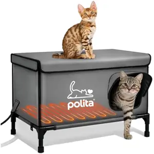 Polita Indestructible Heated Cat House for Outdoor Cats All Seasons, Extremely Insulated & 100% Weatherproof, Elevated Feral Cat Shelter with Waterproof Eaves &Safe Escape Door for Stray & Barn Cats​​