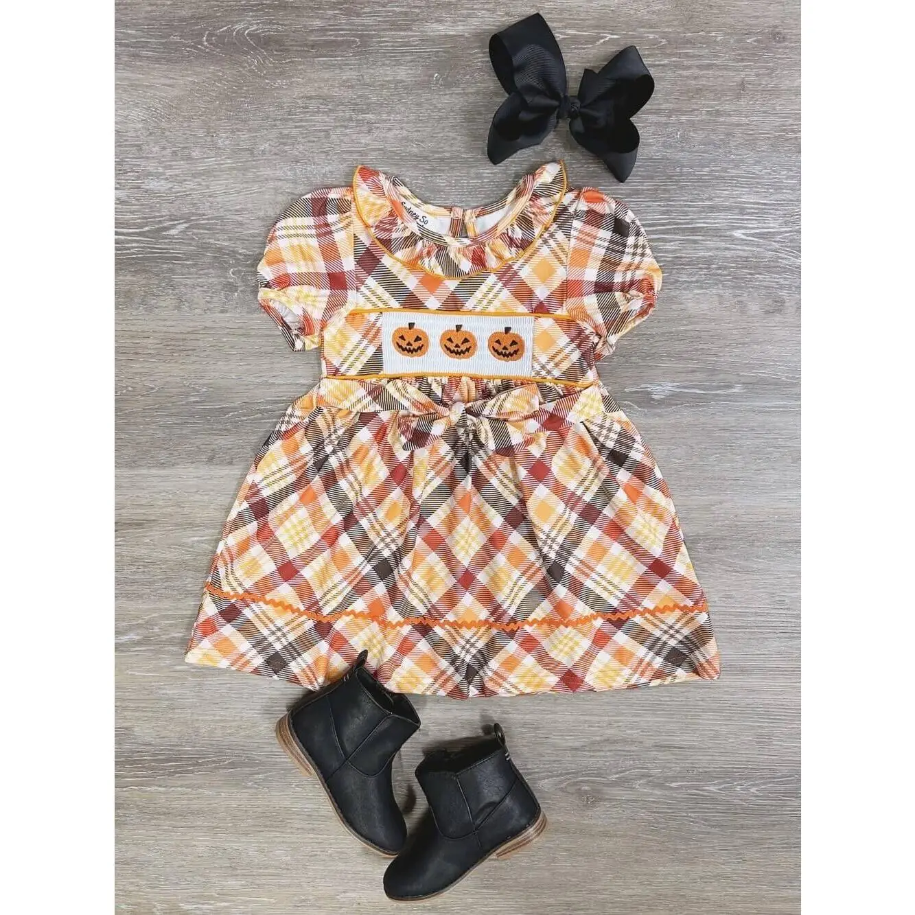 Pumpkins & Plaid Girls or Toddler Size Plaid Collared Puff Sleeve Fall Dress