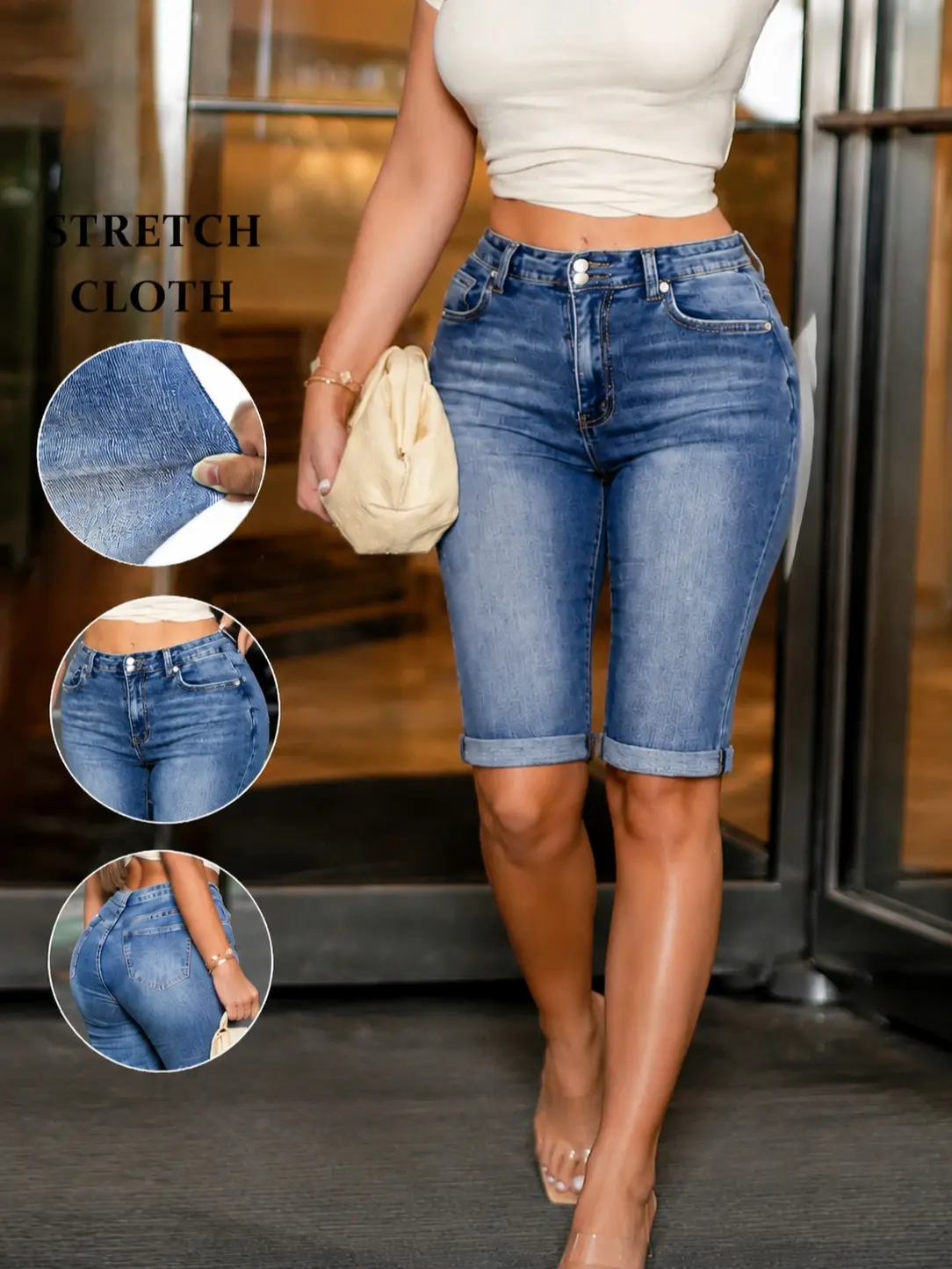 Women's Stretchy High-Waisted Ripped Cuffed Denim Bermuda Shorts with Back Pockets Women's Stretchy High-Waisted Ripped Cuffed Denim Bermuda Shorts with Back Pockets