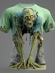 Halloween Zombie Theme Short Sleeve T-Shirt, Casual Fitted Graphic Print, Warm and Comfortable, Perfect for Halloween Celebrations