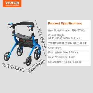 VEVOR Folding Rollator Walker for Seniors and Adults, Lightweight Aluminum Rolling Walker with Seat and Adjustable Handle, 4-Wheel Outdoor Mobility Walker with Spacious Storage Bag, 300LBS Capacity