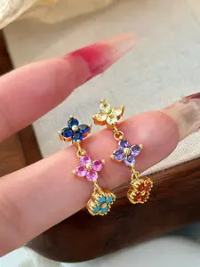 18k Gold Plated Colorful Zircon Flower Dangle Earrings, Silver Needle, Durable Gift Idea, Pair of Elegant Jewelry