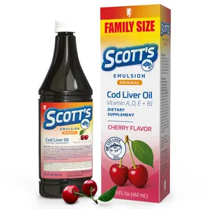 Scott's Emulsion Cod Liver Oil Liquid – Cherry Flavor – Family Size – Multivitamin – Supports Growth, Immunity & Bone Health – Rich in Omega 3 & Vitamins A+D – Easy-to-Take Fish Oil for Kids & Adults – 15.3 Fl Oz