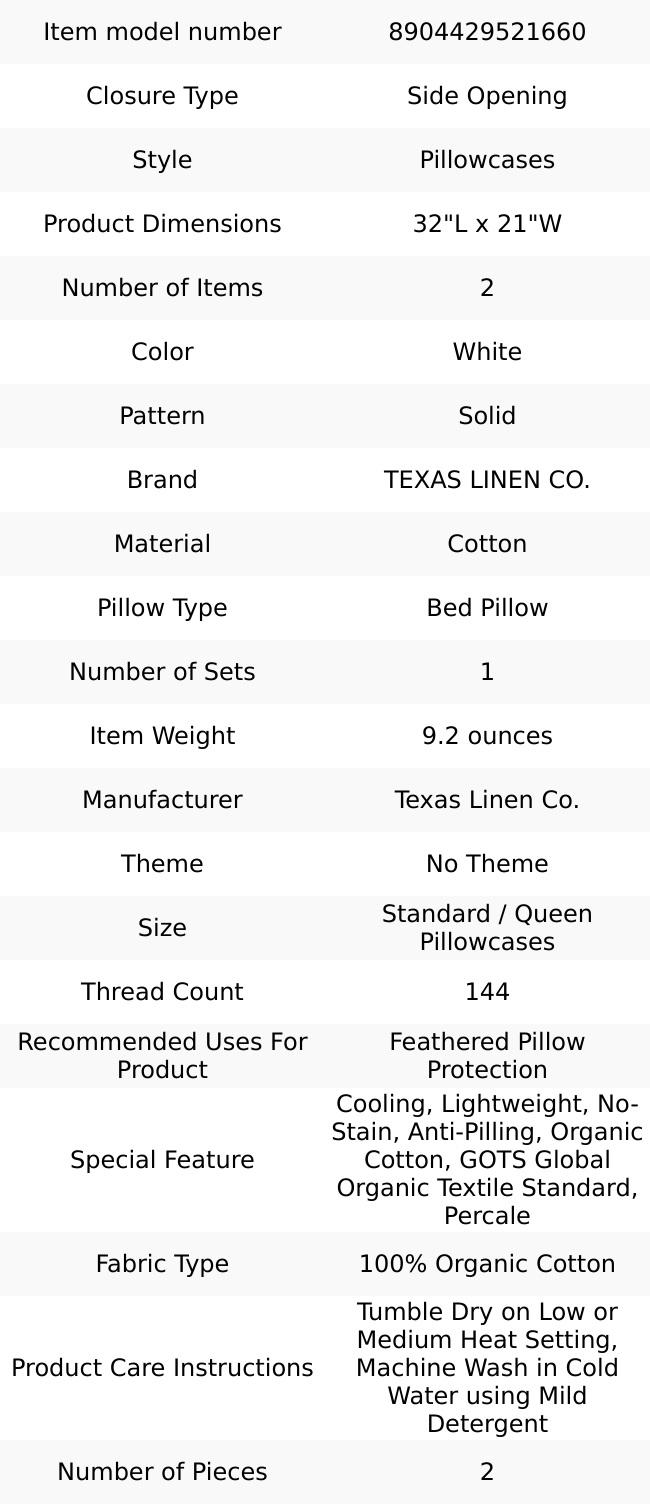 TEXAS LINEN CO. 100% Organic Cotton Percale Pillow Cases Standard/Queen Size Set