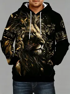 Lion print sweatshirts, cool sweatshirts for men, men's casual flat design pullovers, hooded sweatshirts and kangaroo pocket streetwear for winter and autumn, as gifts