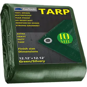 EasTools 10 Mil Green Tarp 13.12x16.4 ft Heavy Duty Waterproof Multi-Purpose Oxford Canvas Tarpaulin with Reinforced Webbing Loops for Camping & Outdoor Use